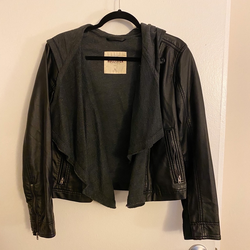 Leather jacket with hood